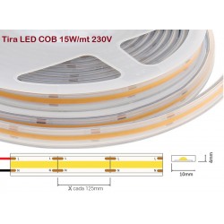 Tira LED 230V monocolor 15W/mt COB IP67 10x4mm corte cada 125mm, rollo 10mts x 14,00€/m